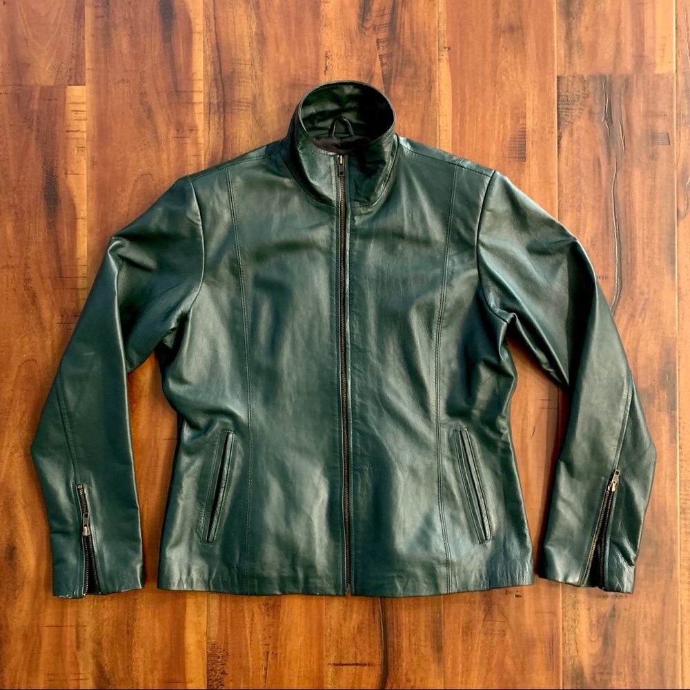 Italian Leather Jacket Green Zipper Medium Large